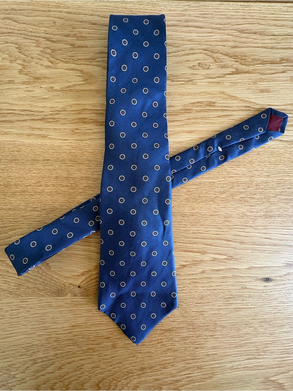 Marc Lewis Men Silk Tie Blue Geometric Foulard Medallion Italy Fabric USA Made